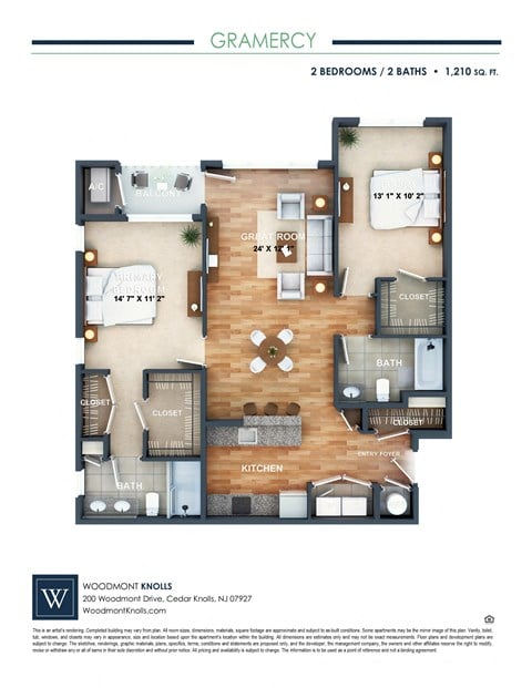 Floor plan for 2 beds, 2 baths, 1210 sqft